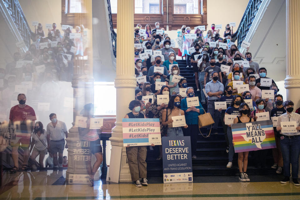 A protest in Austin, Texas, against Republican-led efforts to pass legislation restricting the participation of transgender student athletes in 2021.  / Credit: Tamir Kalifa / Getty Images