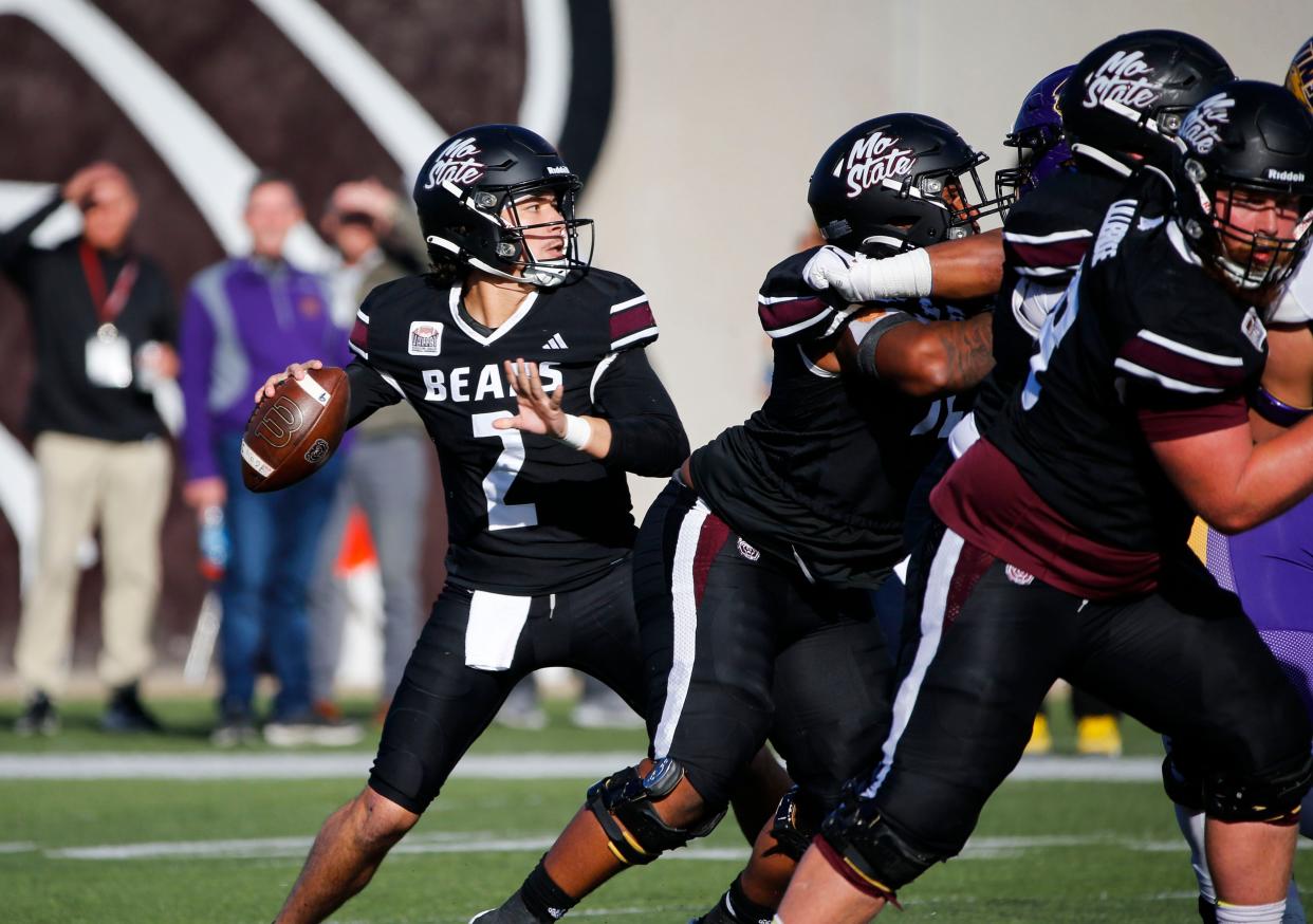 Missouri State quarterback Jordan Pachot makes a throw during a game against the University of Northern Iowa Panthers at Plaster Stadium on Saturday, Nov. 11, 2023.