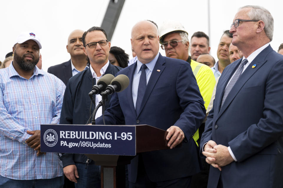 White House Senior Advisor Mitch Landrieu speaks during a news conference to announce the reopening of Interstate 95 Friday, June 23, 2023 in Philadelphia. Interstate 95 is set to reopen to traffic less than two weeks after a deadly collapse in Philadelphia shut down a heavily traveled stretch of the East Coast’s main north-south highway. (AP Photo/Joe Lamberti)