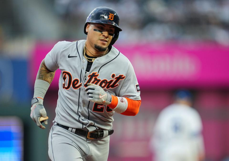 Detroit Tigers shortstop Javier Baez (28) rounds the bases after hitting a home run during the second inning against the Kansas City Royals at Kauffman Stadium in Kansas City, Missouri, on Wednesday, July 19, 2023.