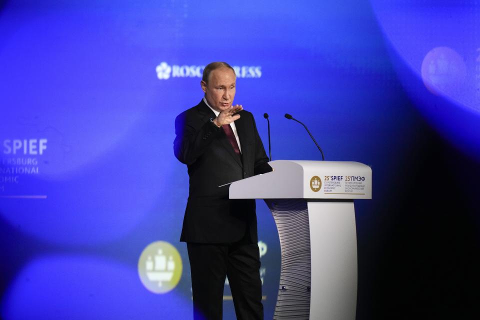 Russian President Vladimir Putin gestures as he addresses a plenary session of the St. Petersburg International Economic Forum in St.Petersburg, Russia, Friday, June 17, 2022. Putin began his address to the St. Petersburg International Economic Forum with a lengthy denunciation of countries that he contends want to weaken Russia, including the United States who, he said, "declared victory in the Cold war and later came to think of themselves as God's own messengers on planet Earth." (AP Photo/Dmitri Lovetsky)