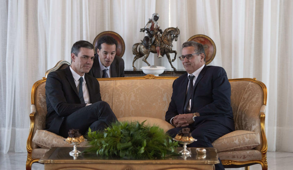 Morocco Prime Minister Aziz Akhannouch receives Spanish Prime Minister Pedro Sanchez at Rabat-Sale Airport in Rabat, Morocco, Wednesday, Feb. 1, 2023. Sanchez is on a two-day visit to Morocco for the Moroccan-Spanish Economic Forum. (AP Photo)