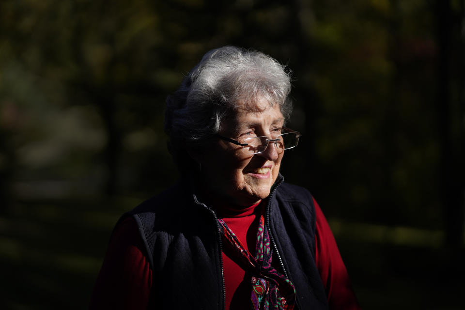 Nancy Strole poses for a portrait in Springfield Township, Mich., Thursday, Oct. 8, 2020. Strole, a longtime elected township clerk in the rural northern part of the county, had not been able to bring herself to vote for Trump. She considers herself an “old-fashioned kind of Republican.” She hasn’t changed, she said, her party was “hijacked.” (AP Photo/Paul Sancya)