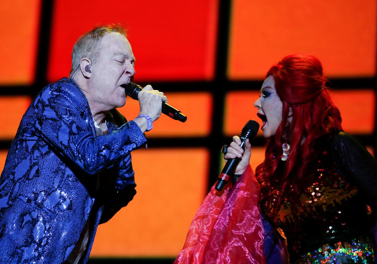 B-52s members (L-R) Fred Schneider and Kate Pierson perform in Mexico City in 2019. The band's farewell tour will end in Athens, Ga. on Jan. 10, 2023 and their Las Vegas residency will begin on May 5.