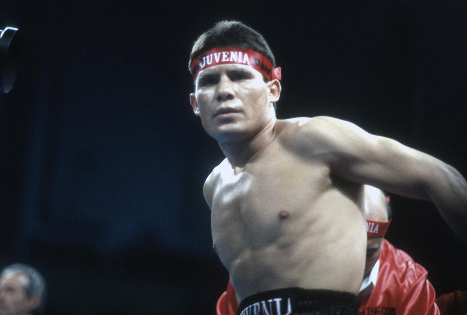 ATLANTIC CITY, NJ - DECEMBER 8:  Julio Cesar Chavez steps into the right prior to fighting Kyung-Duk Ahn for the WBC and IBF Light Welterweight titles on December 8, 1990 at the Convention Hall in Atlantic City, New Jersey. Chavez won the fight in third rounds on a TKO. (Photo by Focus on Sport/Getty Images)
