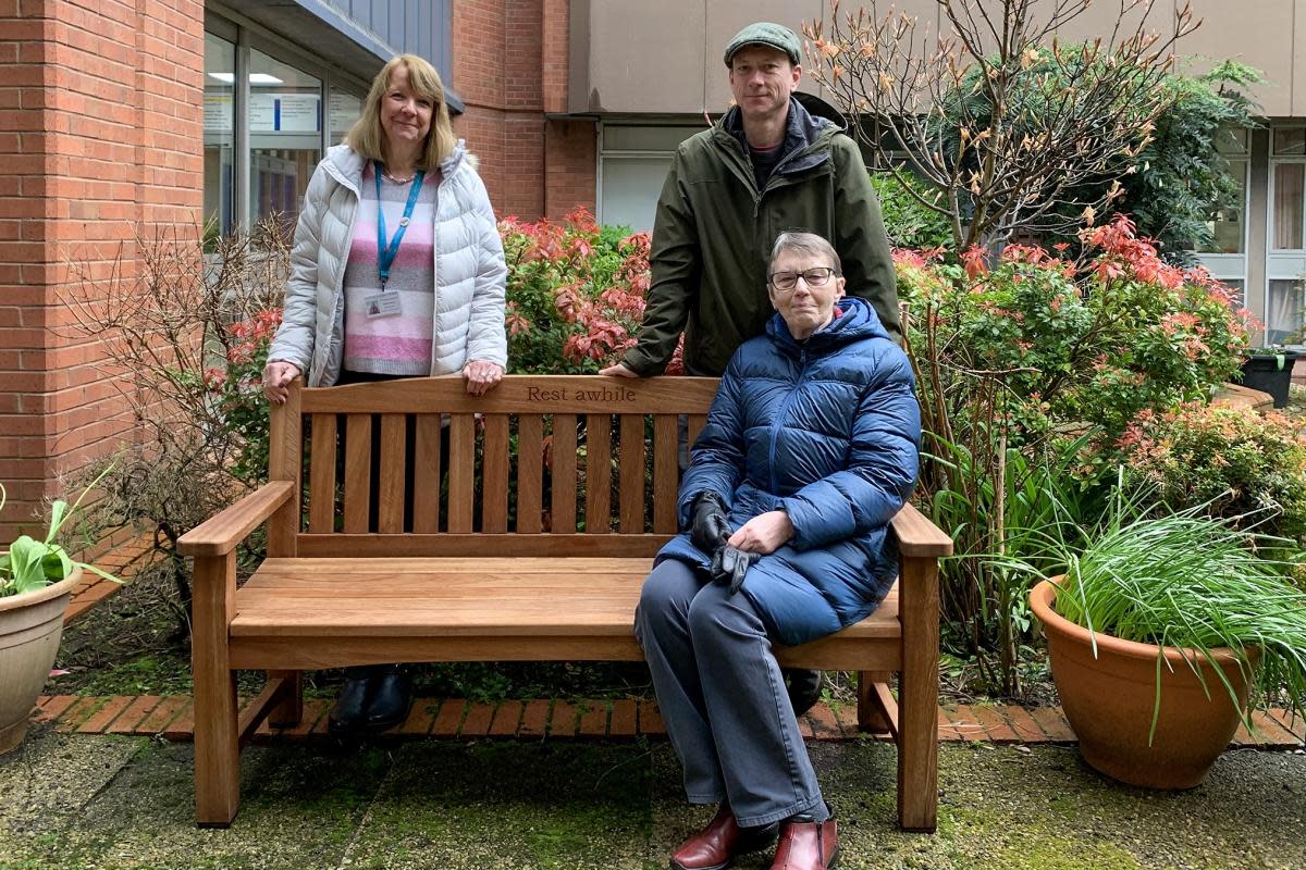 Eileen Brereton, seated on the "Rest Awhile" bench, with Oli Brereton and Celia Curry, administrator of the Friends of the Friarage <i>(Image: Contributor)</i>