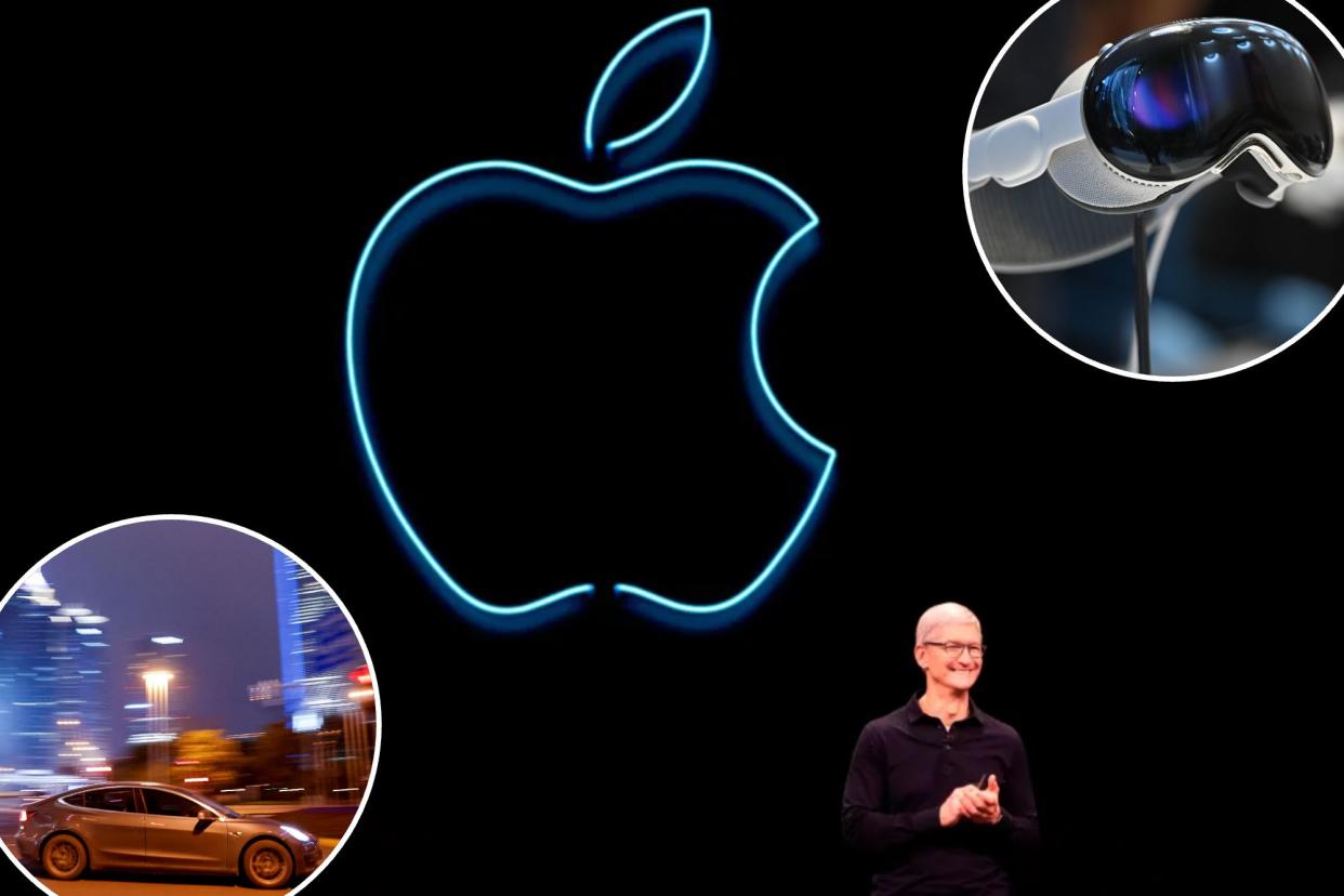 Tim Cook standing by a logo.
