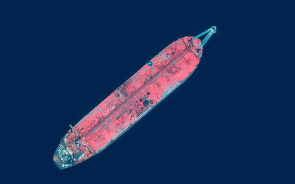 This satellite image shows the FSO Safer tanker moored off Ras Issa port, in Yemen. Houthi rebels are blocking the United Nations from inspecting the abandoned oil tanker loaded with more than one million barrels of crude oil. - Maxar Technologies 