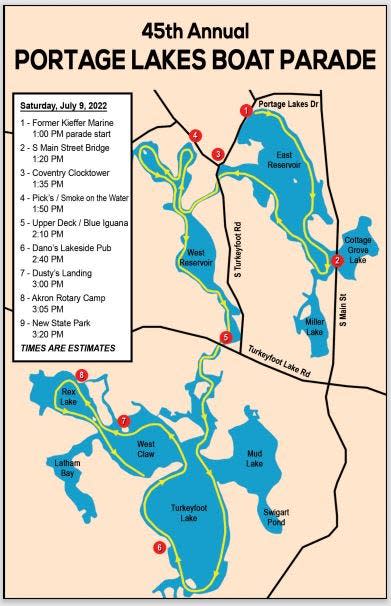 A map of shows the course of the 2022 Portage Lakes Boat Parade.