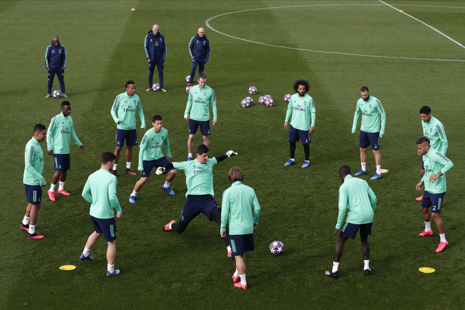 Real Madrid players attend a training session at the team's Valdebebas training ground in Madrid, Spain, Tuesday, Feb. 25, 2020. Real Madrid will play against Manchester City in a Champions League soccer match on Wednesday. (AP Photo/Manu Fernandez)