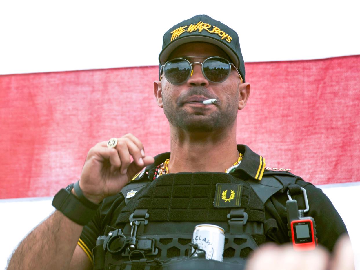Proud Boys leader Henry "Enrique" Tarrio wears a hat that says "The War Boys" during a rally in Portland, Ore., on September 26, 2020.