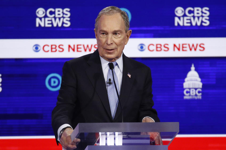 Democratic presidential candidates former New York City Mayor Mike Bloomberg, speaks during a Democratic presidential primary debate at the Gaillard Center, Tuesday, Feb. 25, 2020, in Charleston, S.C., co-hosted by CBS News and the Congressional Black Caucus Institute. (AP Photo/Patrick Semansky)