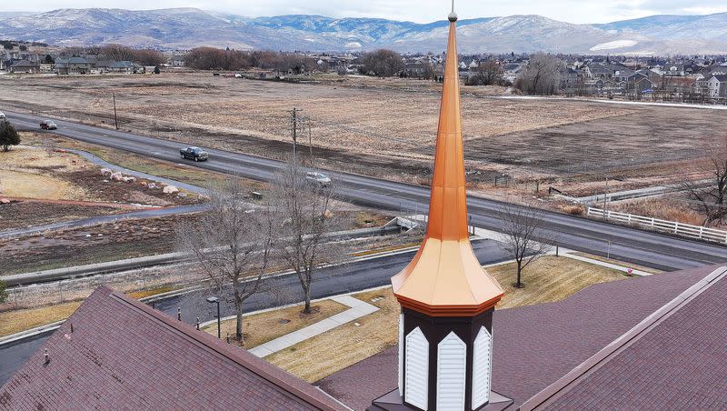 A chapel and the grounds across the street where a Latter-day Saint temple will be built in Heber City on Dec. 20, 2023.
