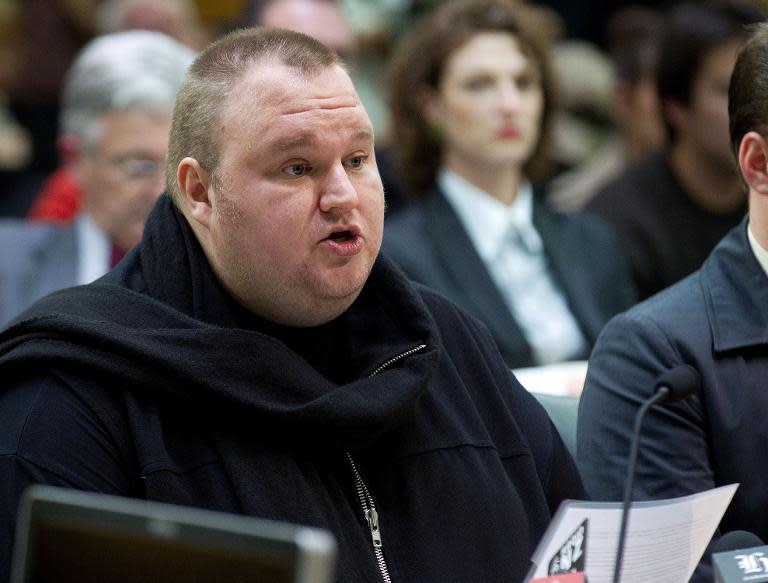 Megaupload founder Kim Dotcom speaks at Bowen House in Wellington on July 3, 2013