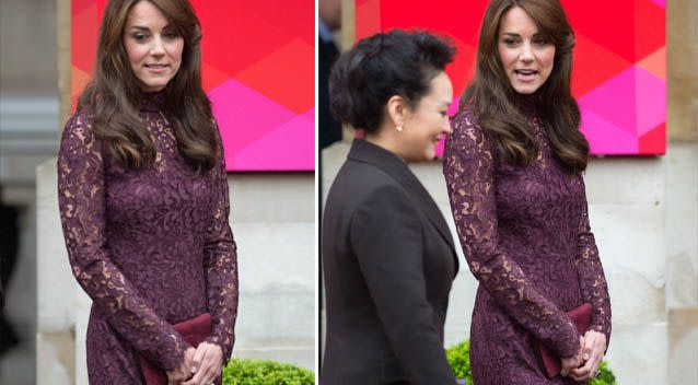 Duchess Catherine rocking the purple lace. Source: AAP