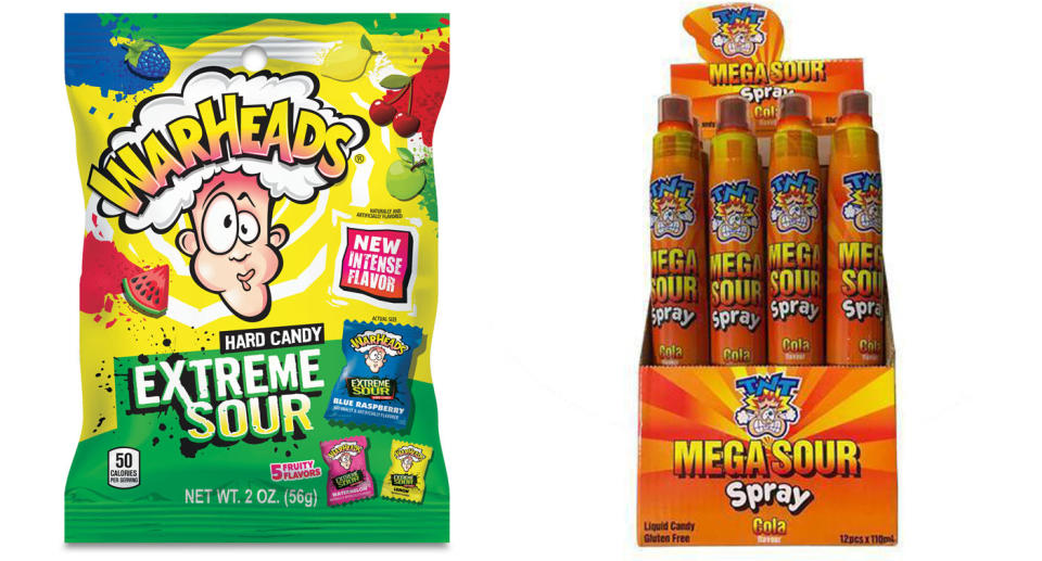 Warheads extreme sour lollies and TNT mega sour spray