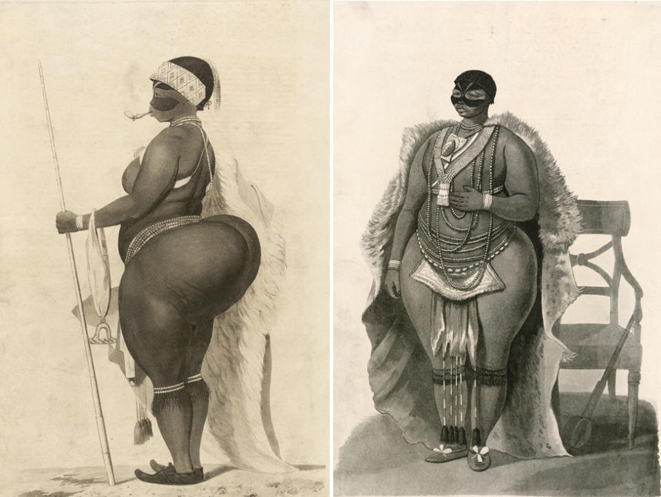 Sarah Baartman dibujada de perfil y de frente