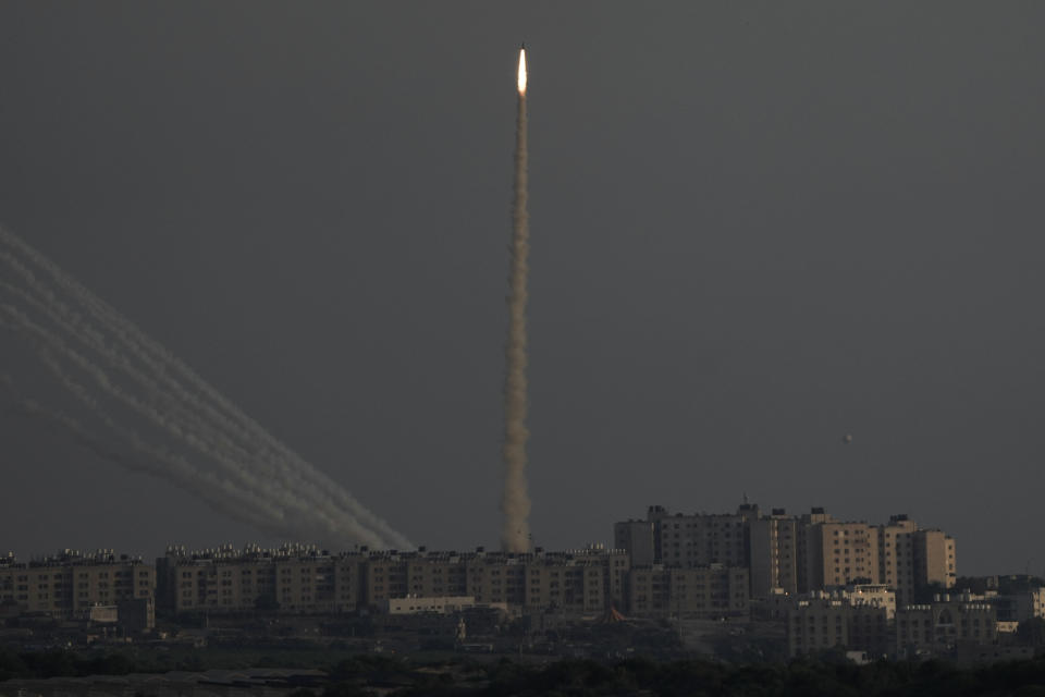 FILE - Rockets are launched from the Gaza Strip towards Israel are seen from Israeli side of the border, Sunday, Aug. 7, 2022. Close to one-third of the Palestinians who died in the latest outbreak of violence between Israel and Gaza militants may have been killed by errant rockets fired by Islamic Jihad fighters, according to an Israeli military assessment that appears consistent with independent reporting by The Associated Press. (AP Photo/Ariel Schalit, File)