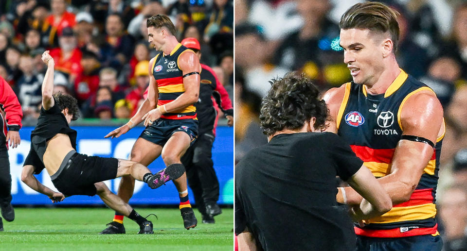 Pictured here, Crows AFL star Ben Keays grabs an Adelaide Oval pitch invader and throws him to the ground.