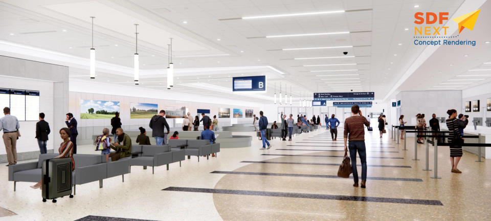 A rendering shows the renovated baggage claim area at Louisville Muhammad Ali International Airport, set to be complete by Thanksgiving 2023.