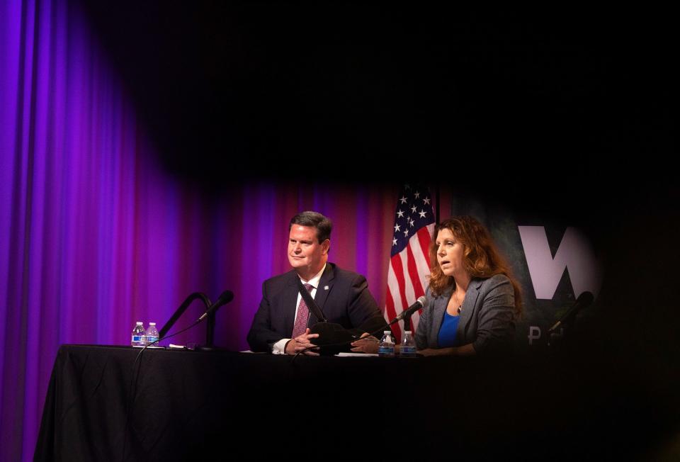 Mayoral candidates John Dailey and Kristin Dozier are seen through camera equipment at a forum hosted by the Tallahassee Democrat, WFSU and the League of Women Voters on Wednesday, July 6, 2022 in Tallahassee, Fla. 