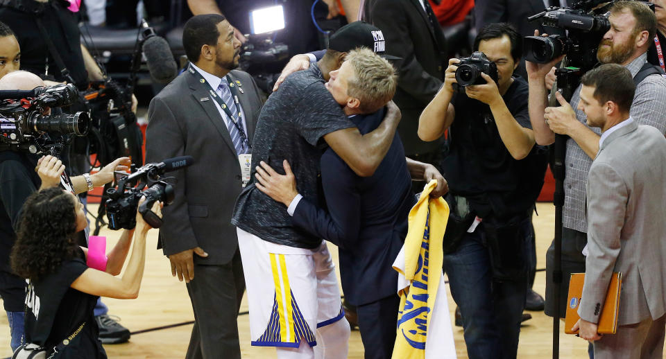 Kevin Durant and Steve Kerr share a moment after winning Game 7 of the 2018 Western Conference finals. (Getty Images)