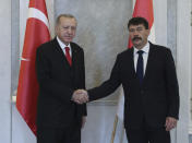 Hungarian President Janos Ader, right, and Turkish President Recep Tayyip Erdogan shake hands before a meeting, in Budapest, Hungary, Thursday, Nov. 7, 2019. Erdogan is on a one-day state visit to Hungary .( Presidential Press Service via AP, Pool )