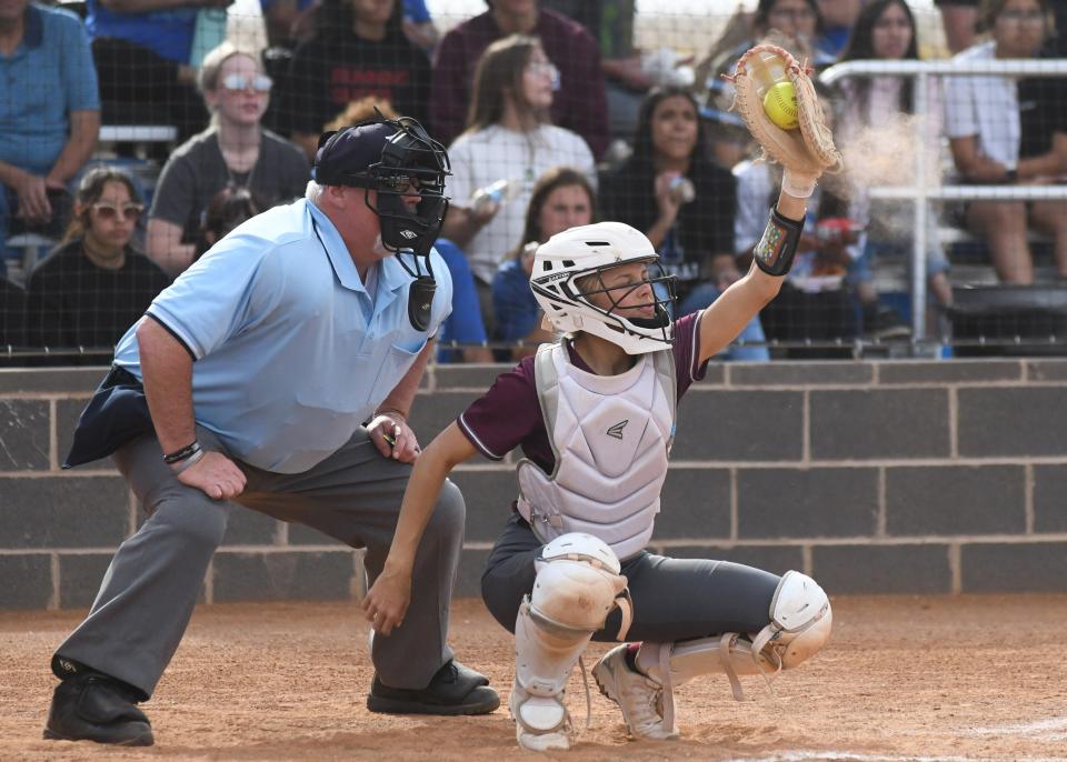 Ralls' Cadence Yocom catches a pitch against Tahoka in Game 2 of a bi-district playoff series Monday, May 1, 2023, in Tahoka.