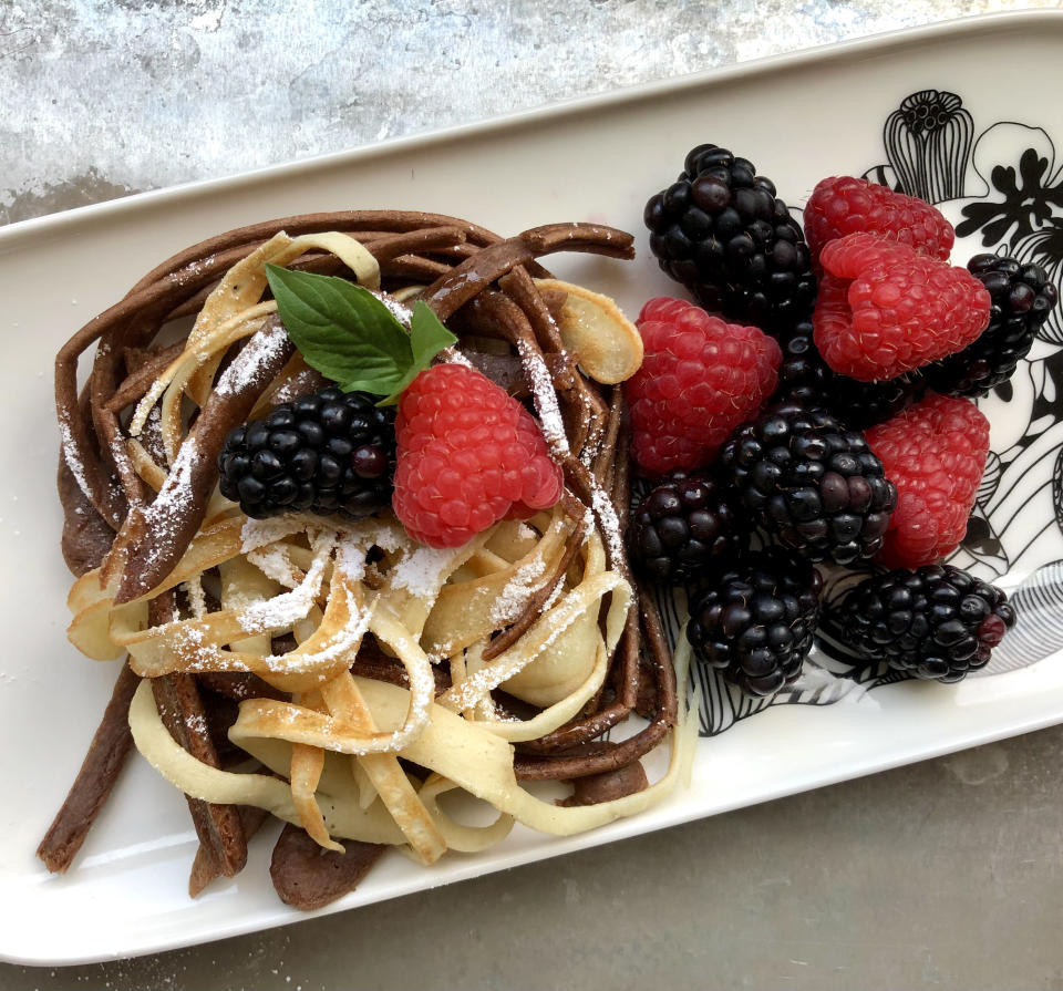 Pancake spaghetti makes a pretty impressive plate, and the extra-buttery flavor is heaven. (Courtesy Heather Martin)