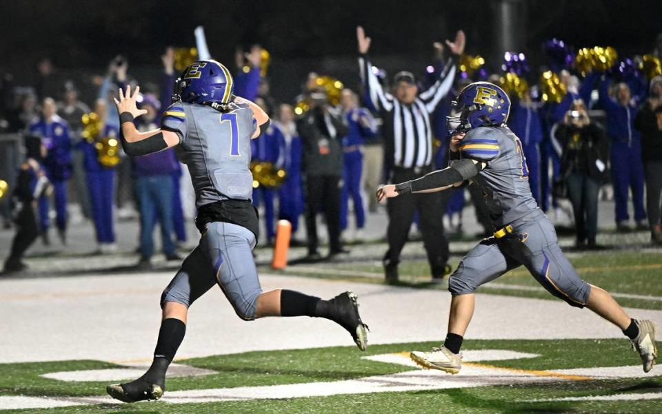 Escalon quarterback Donovan Rozevink scores a two-point conversion to give the Cougars a 36-35 lead with under a minute remaining in the the Sac-Joaquin Section Division IV championship game at St. Mary’s High School in Stockton, Calif., Friday, Nov. 24, 2023. Escalon held on to win 36-35.