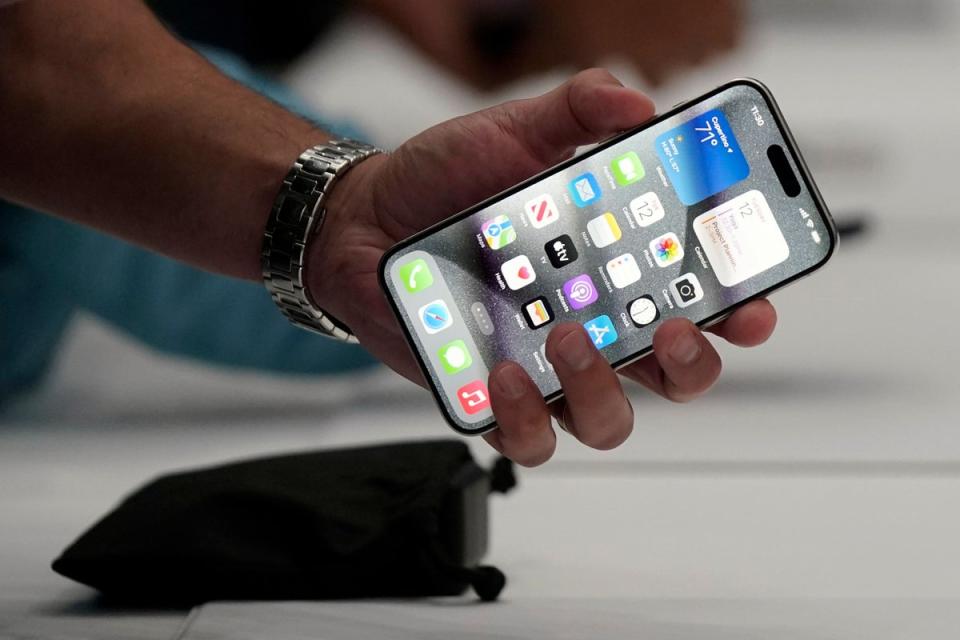 The iPhone 15 Pro is shown after its introduction on the Apple campus in Cupertino, California (Jeff Chiu/AP) (AP)
