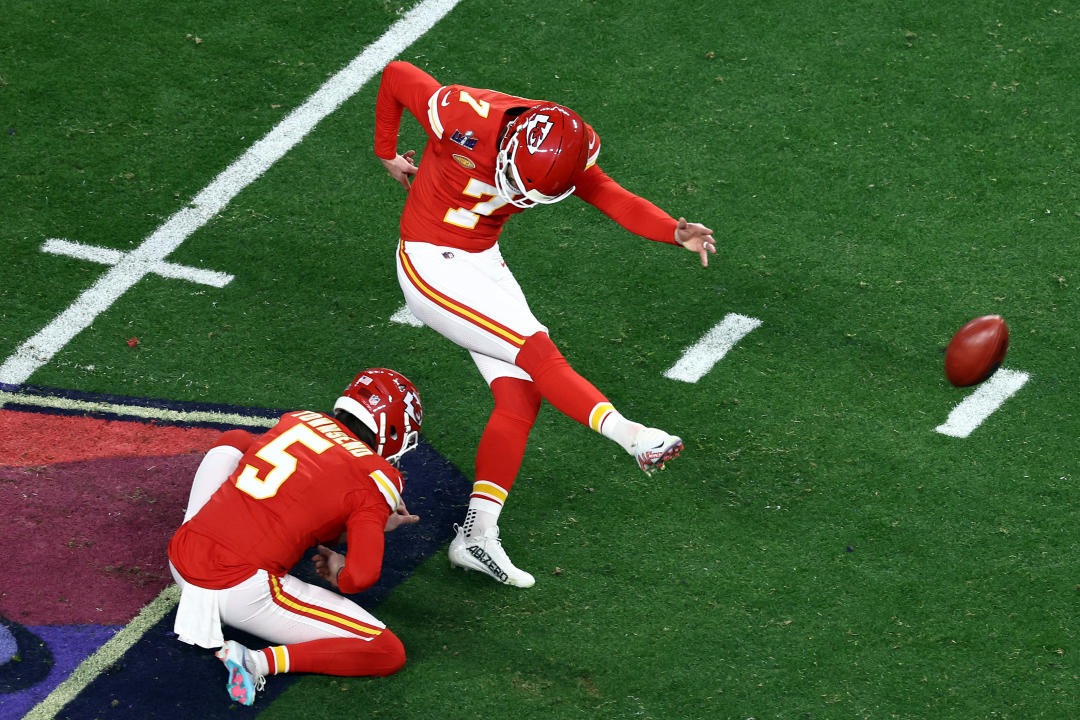 LAS VEGAS, NEVADA - FEBRUARY 11: Harrison Butker #7 of the Kansas City Chiefs kicks a 28 yard field goal during the second quarter against the San Francisco 49ers during Super Bowl LVIII at Allegiant Stadium on February 11, 2024 in Las Vegas, Nevada. (Photo by Tim Nwachukwu/Getty Images)