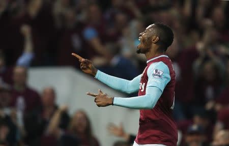 Britain Soccer Football - West Ham United v Manchester United - Barclays Premier League - Upton Park - 10/5/16 Diafra Sakho celebrates after scoring the first goal for West Ham Reuters / Eddie Keogh Livepic