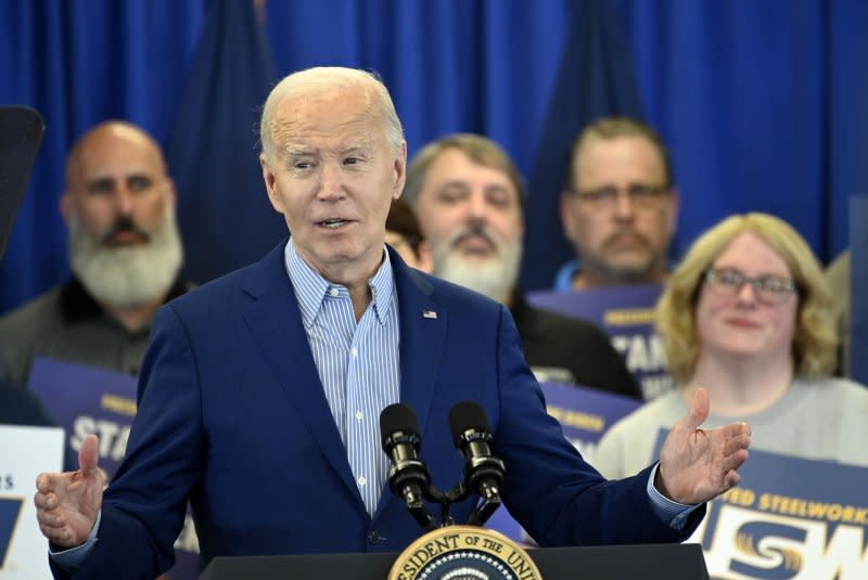 President Joe Biden promises that U.S. Steel will remain an American company at the United Steel Workers Headquarters in Pittsburgh, Pa., as part of a three-day trip across Pennsylvania on Wednesday. Photo by Archie Carpenter/UPI.