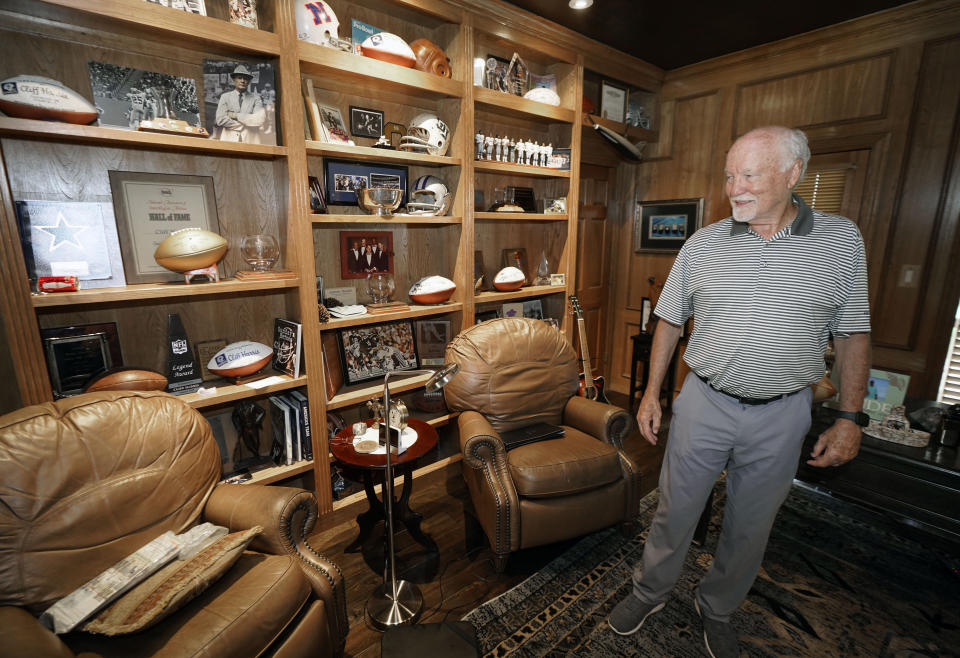 Former Dallas Cowboys and NFL football great Cliff Harris stands in his study during an interview at his home in North Dallas, Wednesday, June 30, 2021. Harris and receiver Drew Pearson, who also will be inducted this year as part of the class of 2021, are the first undrafted Cowboys among their 15 players in the Hall of Fame.(AP Photo/LM Otero)