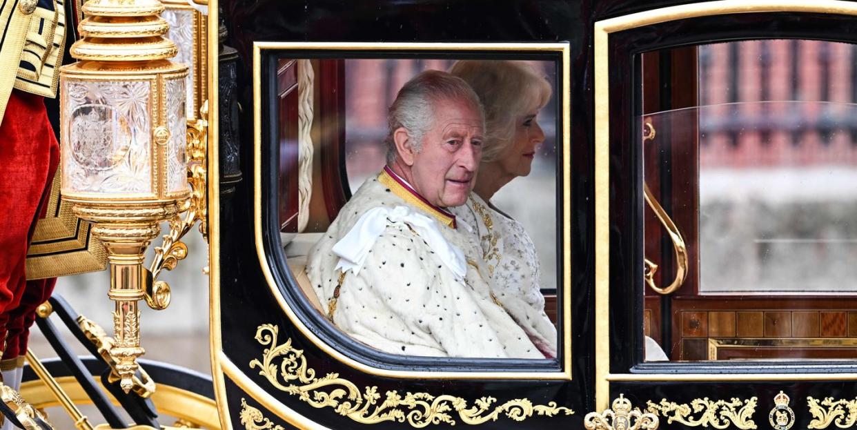britains king charles iii and britains camilla, queen consort begin their journey in the diamond jubilee state coach, in the kings procession, a journey of two kilometres from buckingham palace to westminster abbey in central london on may 6, 2023, ahead of their coronations the set piece coronation is the first in britain in 70 years, and only the second in history to be televised charles will be the 40th reigning monarch to be crowned at the central london church since king william i in 1066 outside the uk, he is also king of 14 other commonwealth countries, including australia, canada and new zealand camilla, his second wife, will be crowned queen alongside him and be known as queen camilla after the ceremony photo by oli scarff afp photo by oli scarffafp via getty images