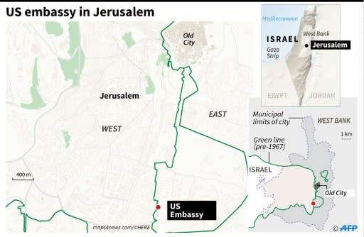 Map locating new US embassy in Jerusalem, which officially opened on Monday
