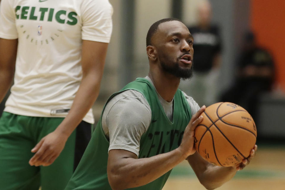 Boston Celtics' Kemba Walker shoots during the NBA basketball team's training camp, Tuesday, Oct. 1, 2019, in Boston. (AP Photo/Elise Amendola)