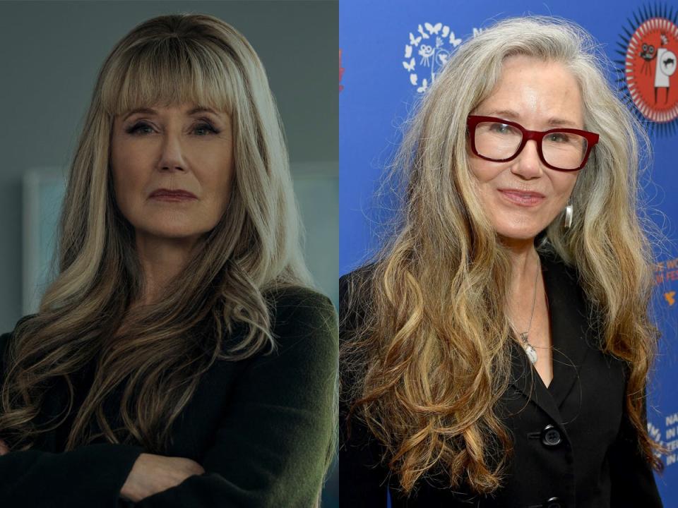A side-by-side image of Mary McDonnell on "The Fall of the House of Usher," and in 2023.