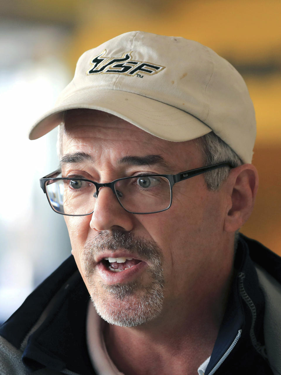 Marine Scientist David Mearns is interviewed by reporters after the discovery of the wreckage of the plane that was carrying footballer Emiliano Sala, in Guernsey, Channel Islands, Monday, Feb. 4, 2019. The wreckage was located on Sunday, two weeks after it disappeared from radar over the English Channel, according to the marine scientist leading a privately funded search for the Argentine's family. (Gareth Fuller/PA via AP)