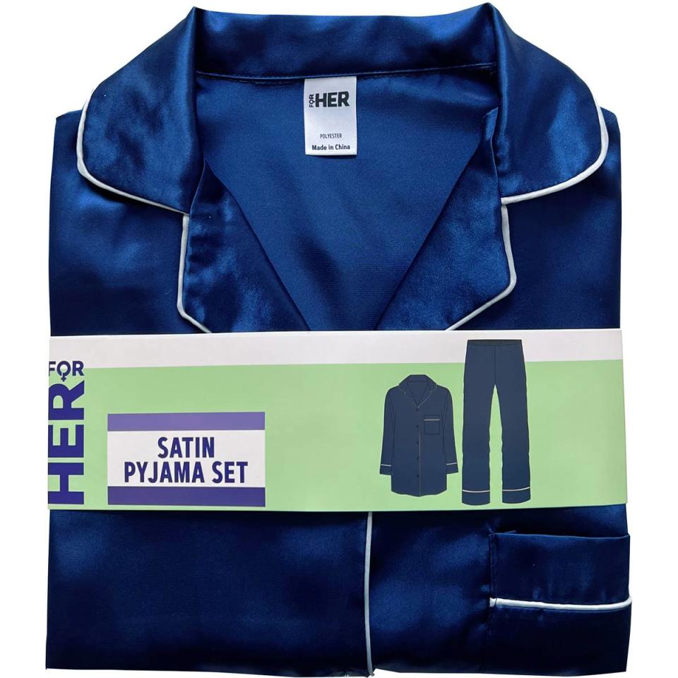Satin Pyjamas, $25, shown in royal blue with white piping and green labelling.