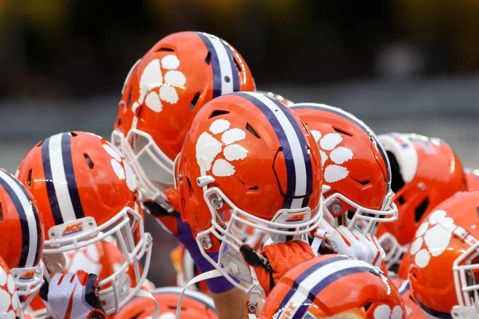 Sep 8, 2018; College Station, TX, USA; A general view of the Clemson Tigers helmets before the start of the against the Texas A&M Aggies at Kyle Field. Mandatory Credit: John Glaser-USA TODAY Sports