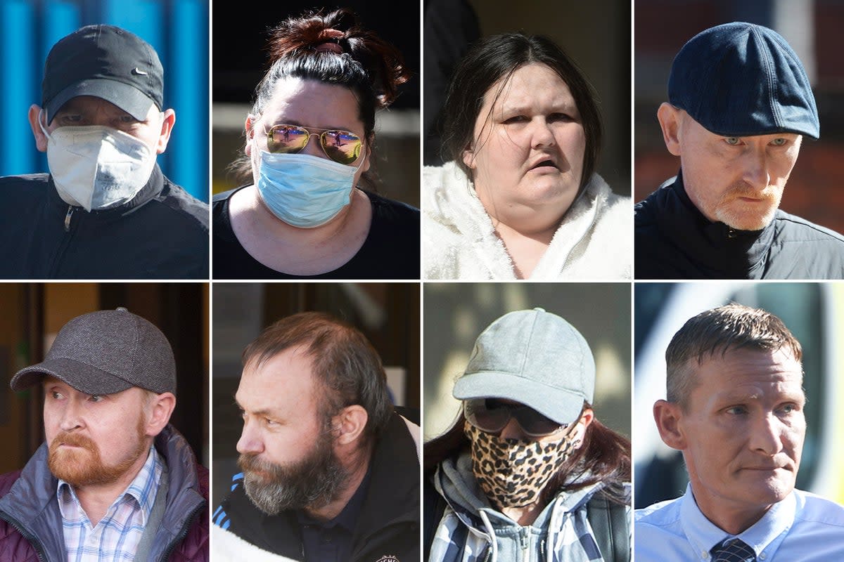 From left to right: Iain Owens, Elaine Lannery, Lesley Williams, Barry Watson, Scott Forbes, Paul Brannan, Marianne Gallagher and John Clark. Gallagher was convicted of assault but cleared of other charges.   (James Chapelard)