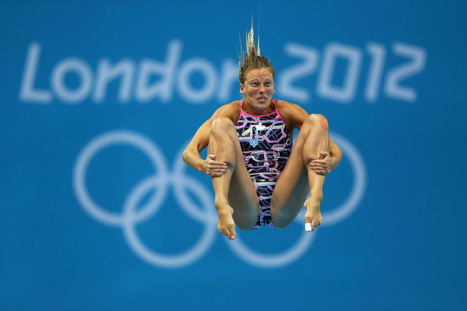 LONDON, ENGLAND - AUGUST 04: Emilie Heymans of Canada competes in the Women's 3m Springboard Diving Semifinal on Day 8 of the London 2012 Olympic Games at the Aquatics Centre on August 4, 2012 in London, England. (Photo by Clive Rose/Getty Images)