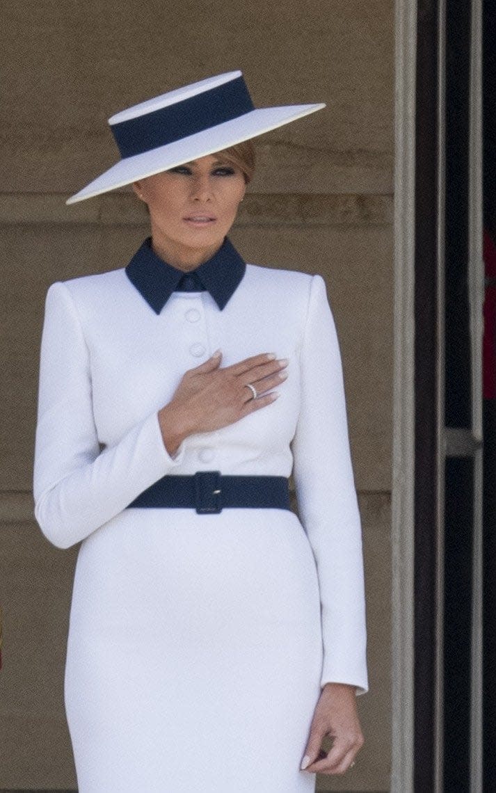 First Lady Melania Trump during the Ceremonial Welcome in the Buckingham Palace Garden today. - UK Press