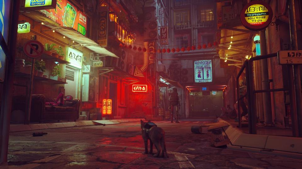 Seit über sieben Jahren in der Entwicklung, ab 19. Juli für PS4, PS5 und PC erhältlich: Das Cyberpunk-Abenteuer "Stray" ist nicht nur ungewöhnlich, weil man eine Katze durch eine futuristischen Metropole steuert, deren Regeln ebenso erlernt werden wollen wie der Umgang mit den darin lebenden Robotern. (Bild: BlueTwelve Studio/Annapurna Interactive)