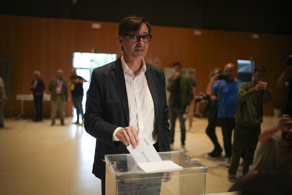 Socialist candidate Salvador Illa casts his ballot at a polling station in La Roca del Valles, north of Barcelona, Sunday May 12, 2024. Catalonia is holding a regional election on Sunday whose outcome will be a test both for the strength of the separatist movement and for the policies of Prime Minister Pedro Sánchez.(AP Photo/Emilio Morenatti)