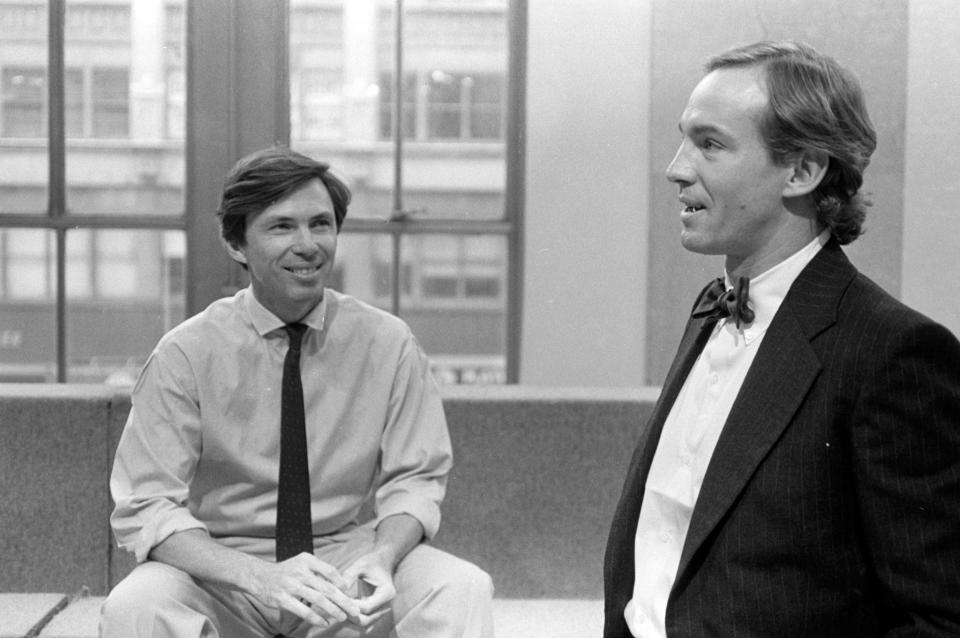 Perry Ellis and President of Perry Ellis International Laughlin Barker in their New York City office in 1982