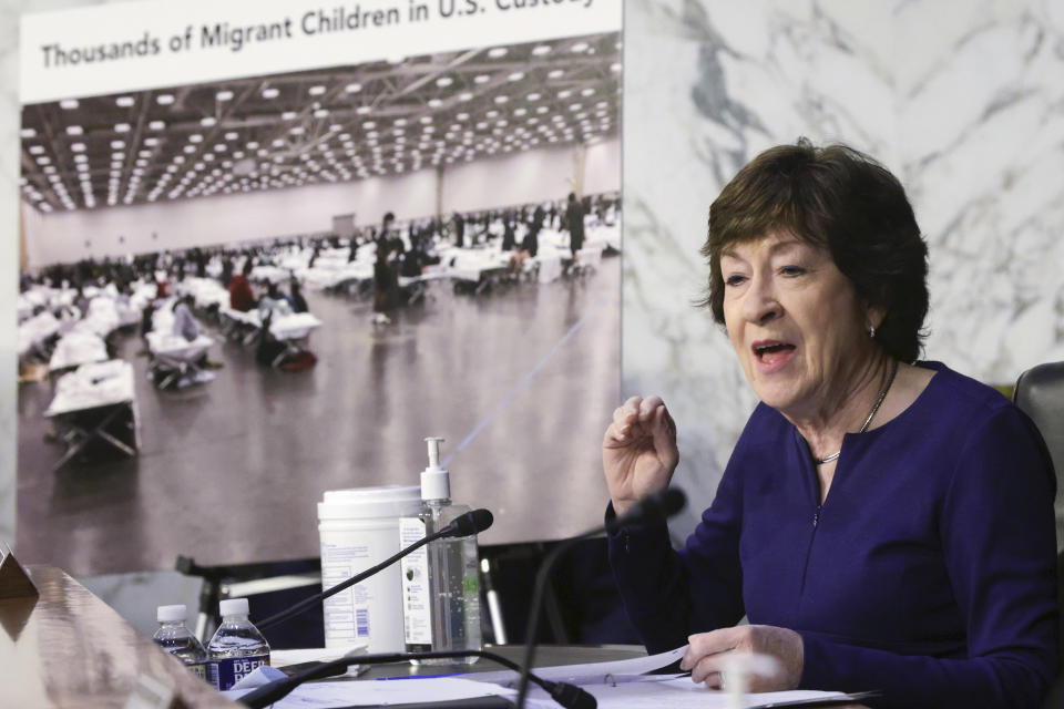 Sen. Susan Collins, R-Maine, speaks during a Senate Appropriations committee hearing to examine domestic extremism, Wednesday, May 12, 2021 on Capitol Hill in Washington. (Alex Wong/Pool via AP)