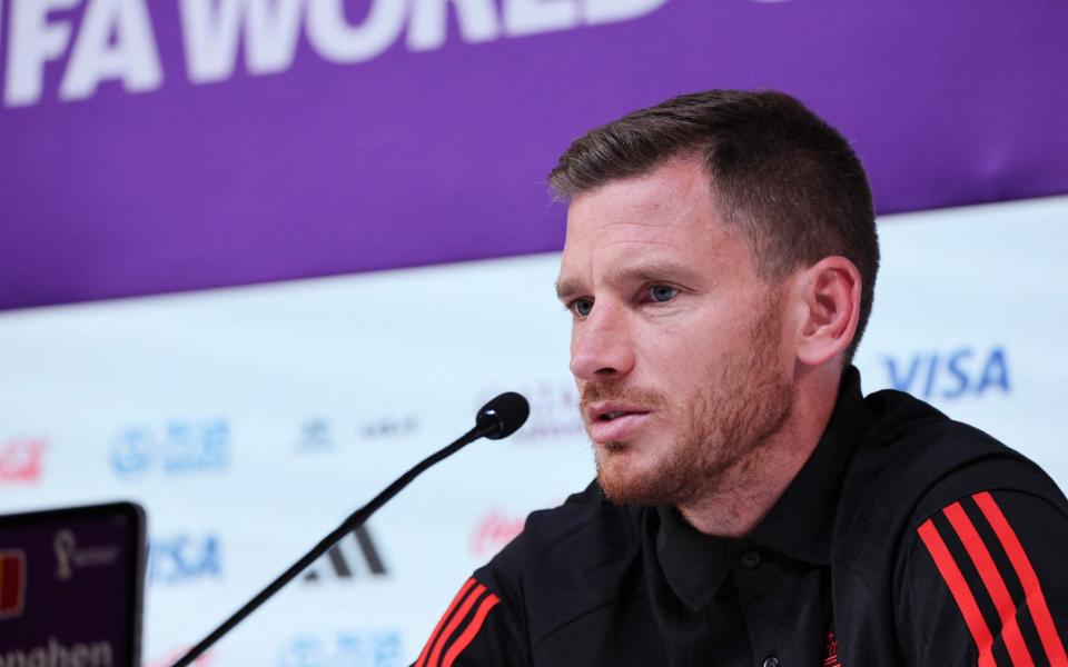 Fifa faces court action over England OneLove armband ban - Belgium's defender Jan Vertonghen gives a press conference at the Qatar National Convention Center (QNCC) in Doha, on November 22 - Getty Images/Jack Guez